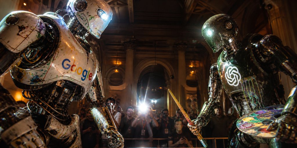 Museum Robot Art Duel Qwen Image 프롬프트 예시: A cinematic photoreal scene of two branded painting robots confronting each other in a crowded museum gallery.