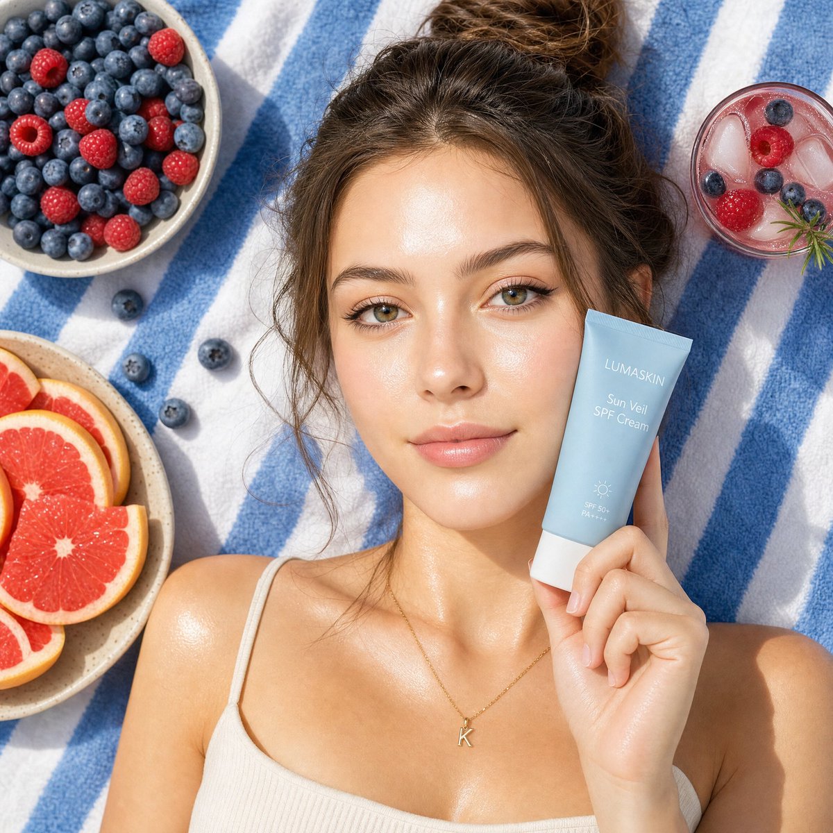 Summery Skincare Beauty Advertisement Qwen Image 프롬프트 예시: A high-detail prompt for a fresh, summery skincare ad featuring a woman on a beach towel with fresh fruit and product...