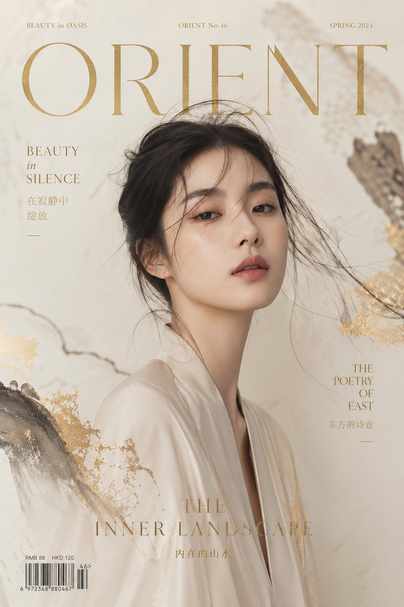 Zen Mode Editorial Magazine Cover Qwen Image prompt example: A luxury fashion editorial cover prompt titled 'ZEN MODE' with a modern Asian model and ink wash aesthetic.