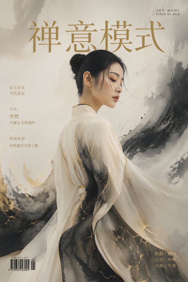 Zen Mode Editorial Magazine Cover Qwen Image prompt example variation 3: A luxury fashion editorial cover prompt titled 'ZEN MODE' with a modern Asian model and ink wash aesthetic.