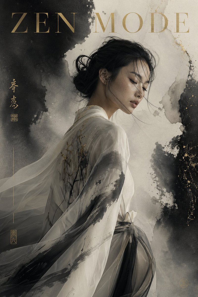 Zen Mode Editorial Magazine Cover Qwen Image prompt example variation 2: A luxury fashion editorial cover prompt titled 'ZEN MODE' with a modern Asian model and ink wash aesthetic.