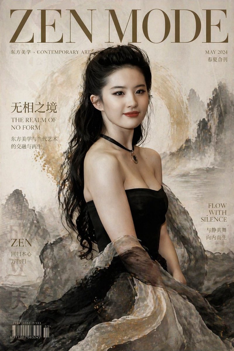 Zen Mode Editorial Magazine Cover Qwen Image prompt example variation 4: A luxury fashion editorial cover prompt titled 'ZEN MODE' with a modern Asian model and ink wash aesthetic.