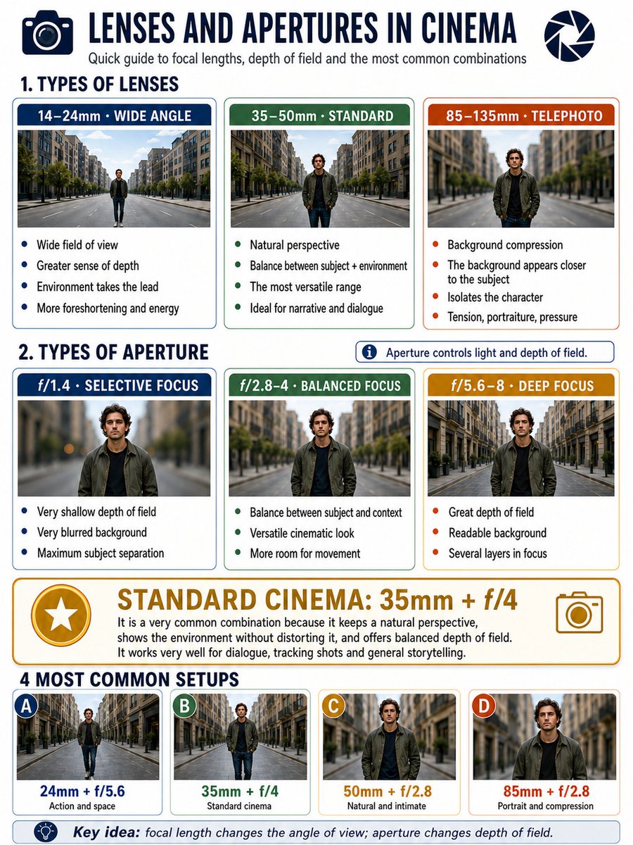 Cinema Lens Infographic Guide Qwen Image 프롬프트 예시: A technical infographic prompt for illustrating different camera lenses, focal lengths, and aperture settings in cinematography.