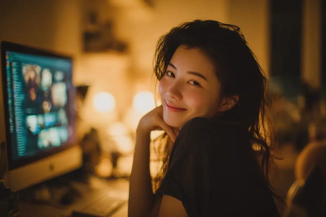 Cozy Cinematic Home Workspace Portrait GPT Image 2 prompt example variation 2: A warm and inviting portrait prompt of a young woman in a home office with soft golden ambient...