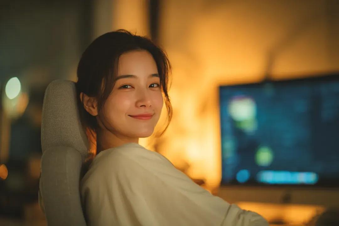 Cozy Cinematic Home Workspace Portrait GPT Image 2 prompt example: A warm and inviting portrait prompt of a young woman in a home office with soft golden ambient lighting and...