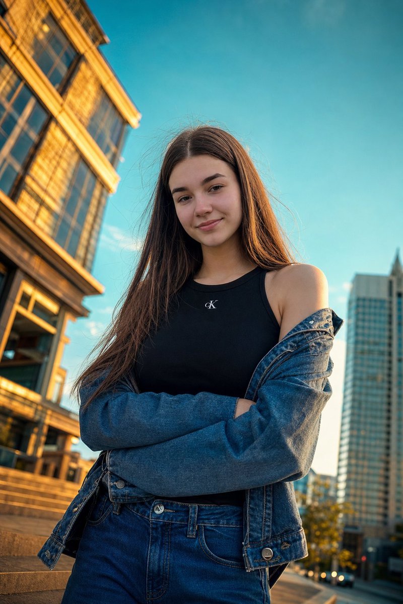 Golden Hour Urban Street Portrait Qwen Image prompt example: A photorealistic low-angle portrait prompt set in a modern urban environment during golden hour with strong cinematic...