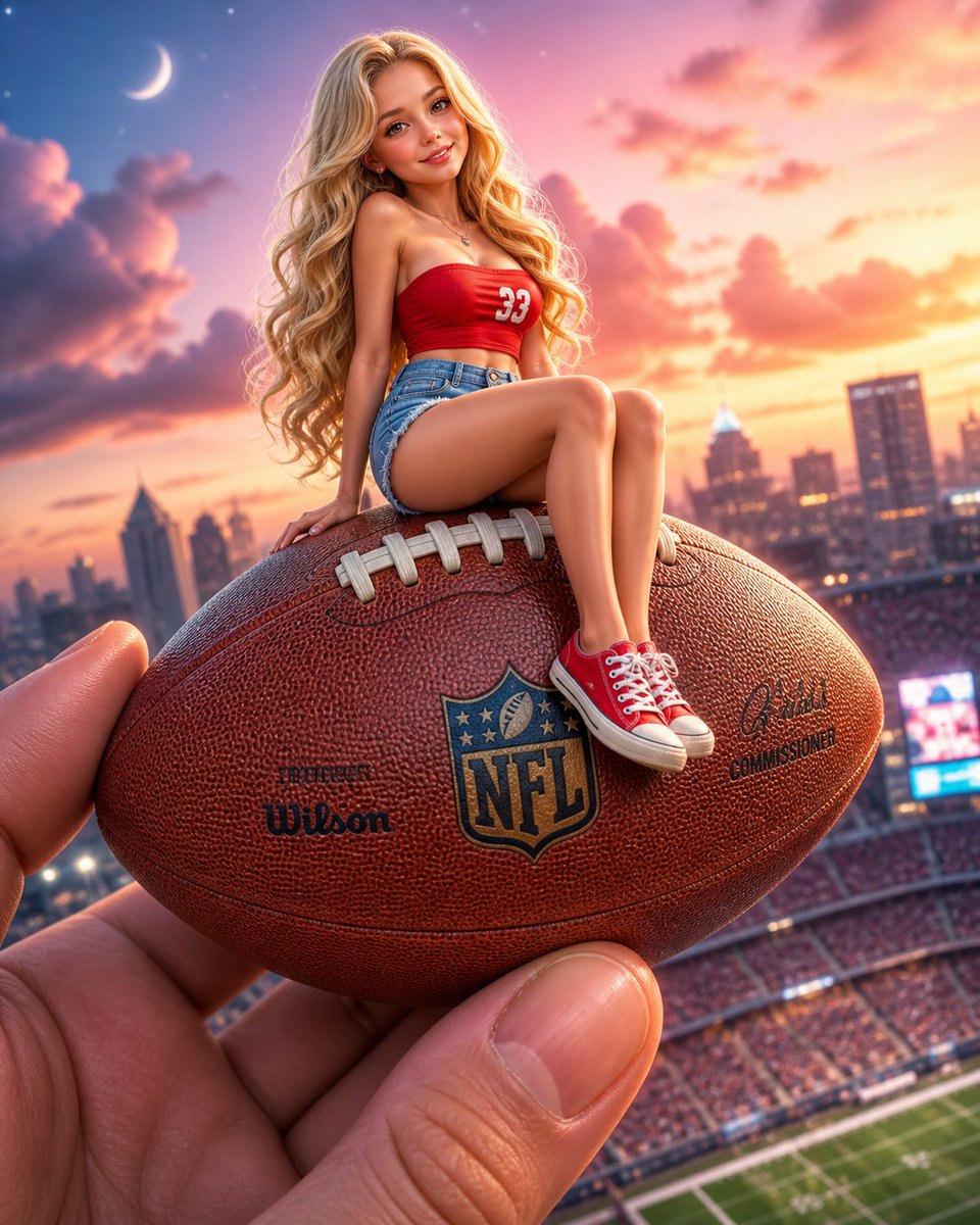 Miniature Girl on Giant Football Qwen Image prompt example: A whimsical fantasy prompt featuring a miniature girl on a giant football, emphasizing scale contrast and soft lighting.