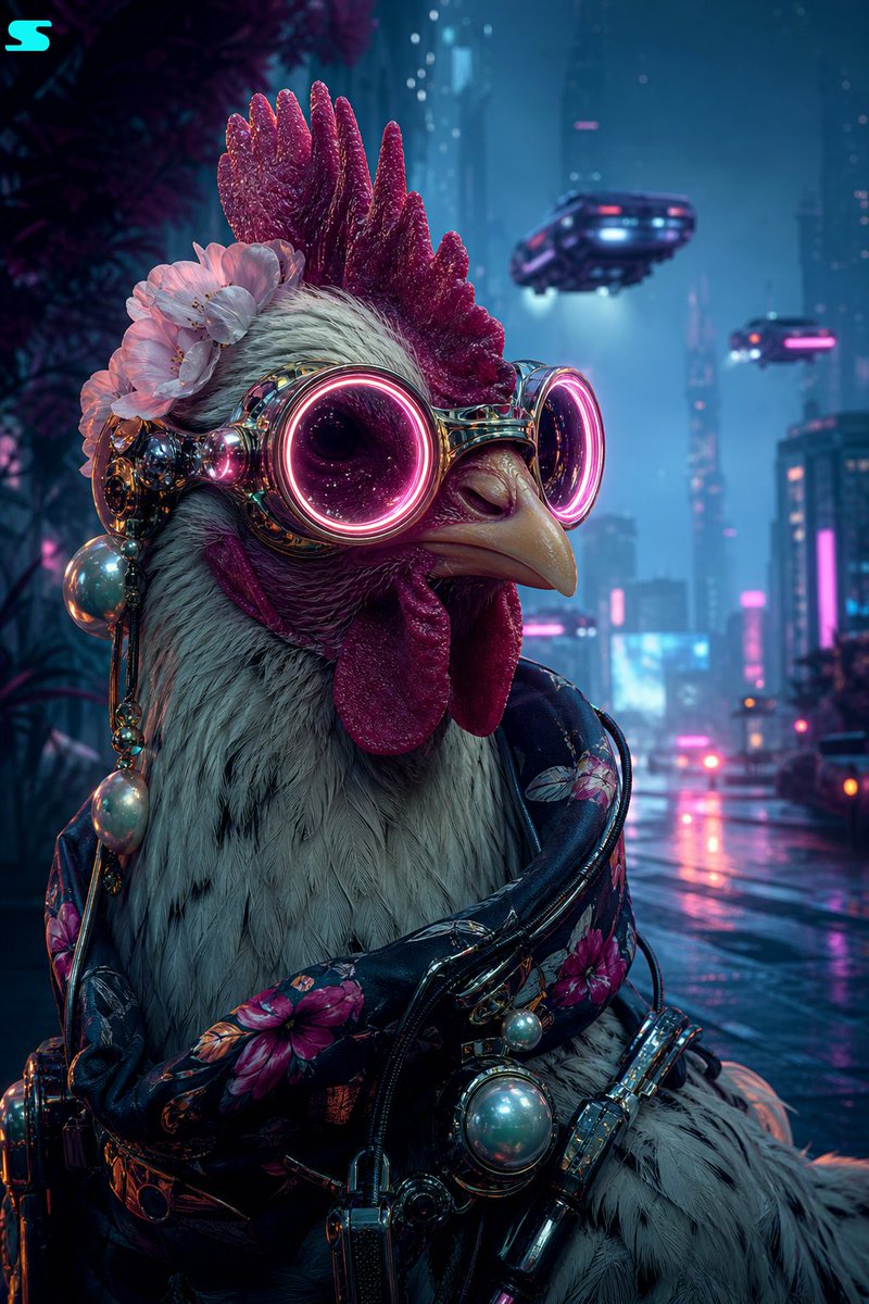 Retro Futurist Chicken Portrait Qwen Image prompt example: A surreal and stylish prompt for a stylized chicken in techwear accessories set against a neon-lit urban street.