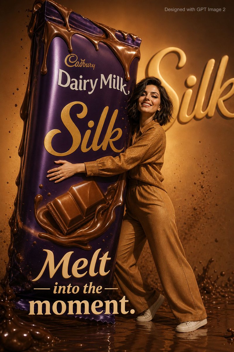 Playful Chocolate Advertisement Poster のQwen Imageプロンプト例: A commercial-style prompt for a food advertisement featuring a person hugging a giant chocolate bar, using a reference...