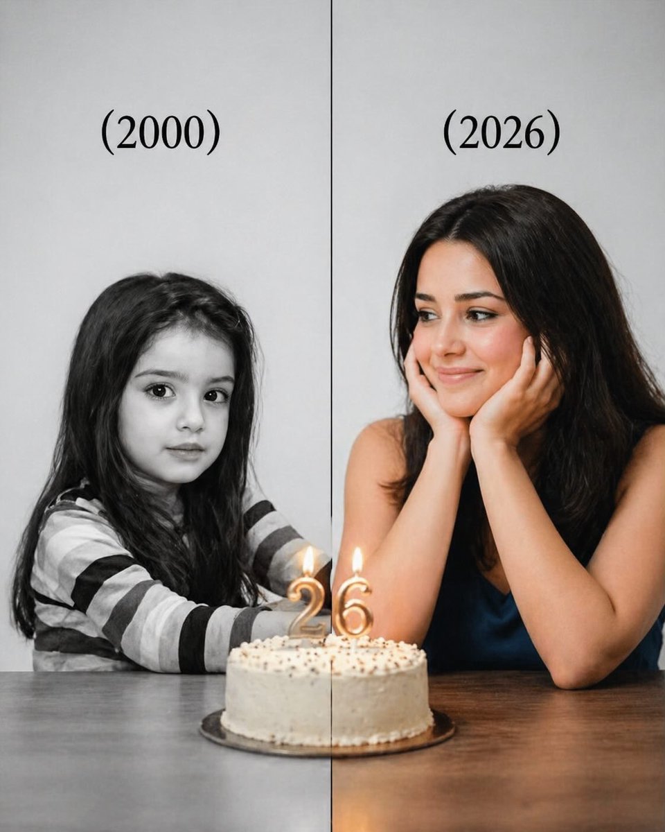 Split-Time Birthday Portrait Qwen Image prompt example variation 2: A nostalgia-filled split-screen prompt that aligns a child's photo and an adult's photo of the same person,...