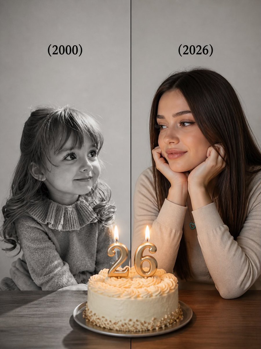 Split-Time Birthday Portrait Qwen Image prompt example: A nostalgia-filled split-screen prompt that aligns a child's photo and an adult's photo of the same person, connected by a...