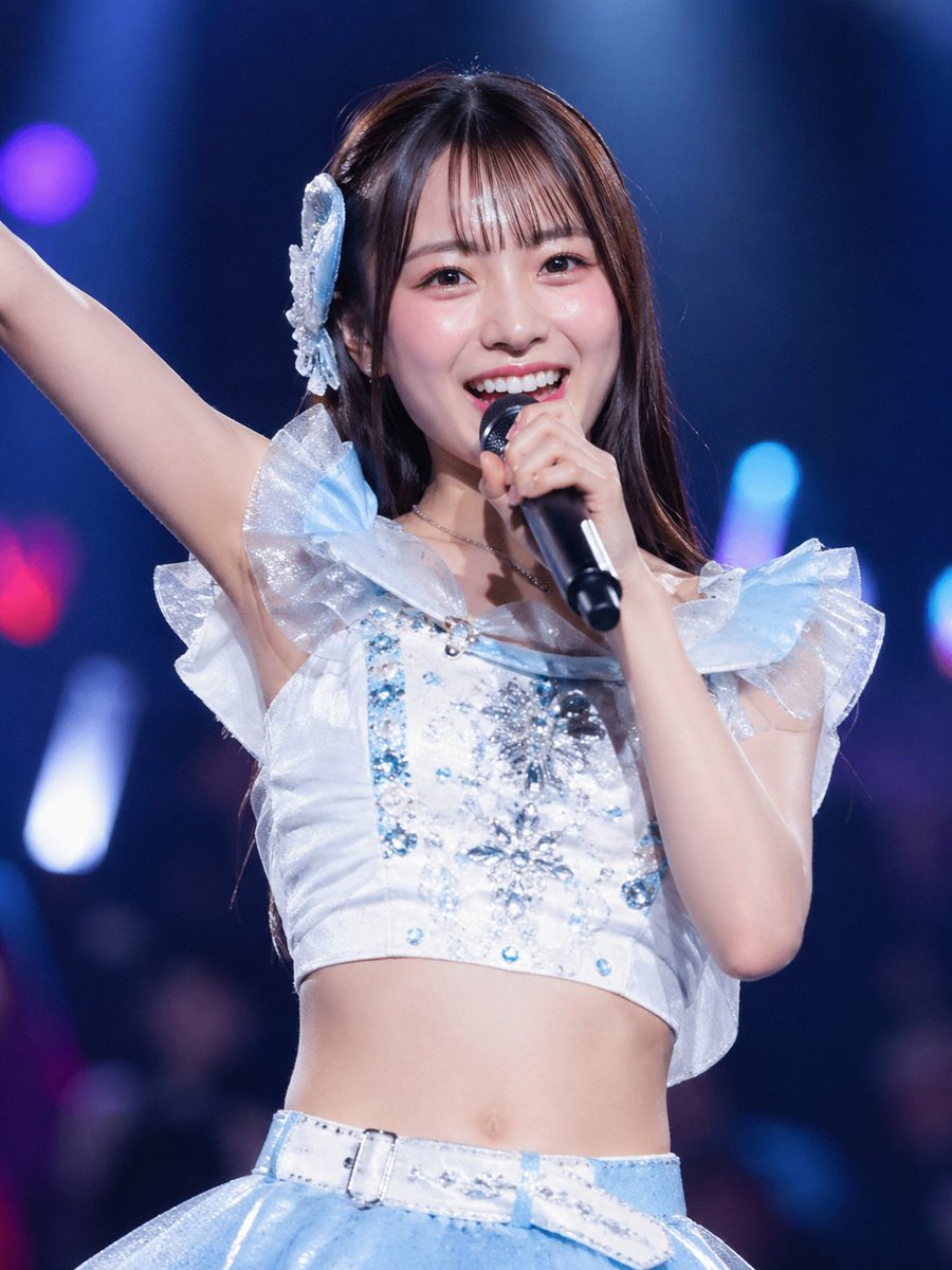 Japanese Idol Concert Portrait のQwen Imageプロンプト例: A realistic portrait prompt for generating a stunning Japanese idol performing on a grand stage, focused on joy and vibrant...