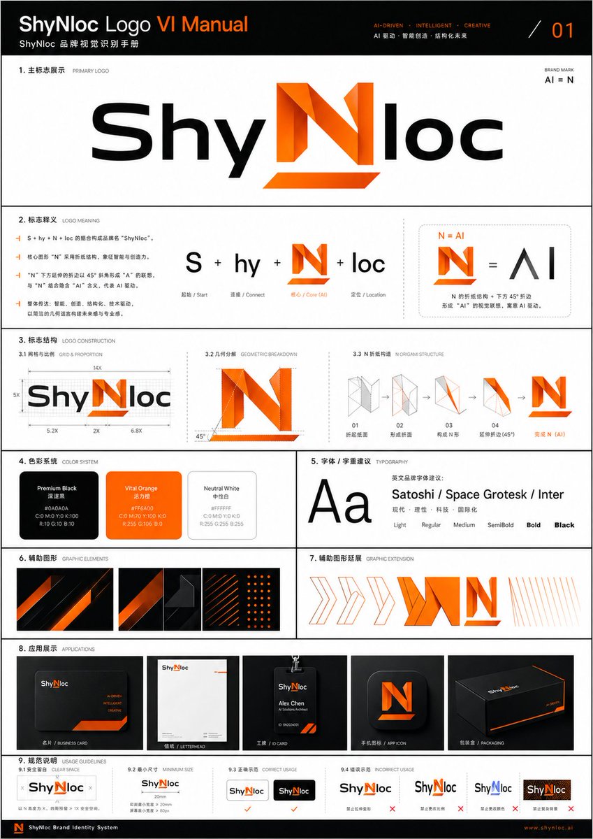 Professional Logo VI Design Manual Qwen Image prompt example: A comprehensive prompt for generating a professional Brand Identity (VI) manual with customizable name, style, and...