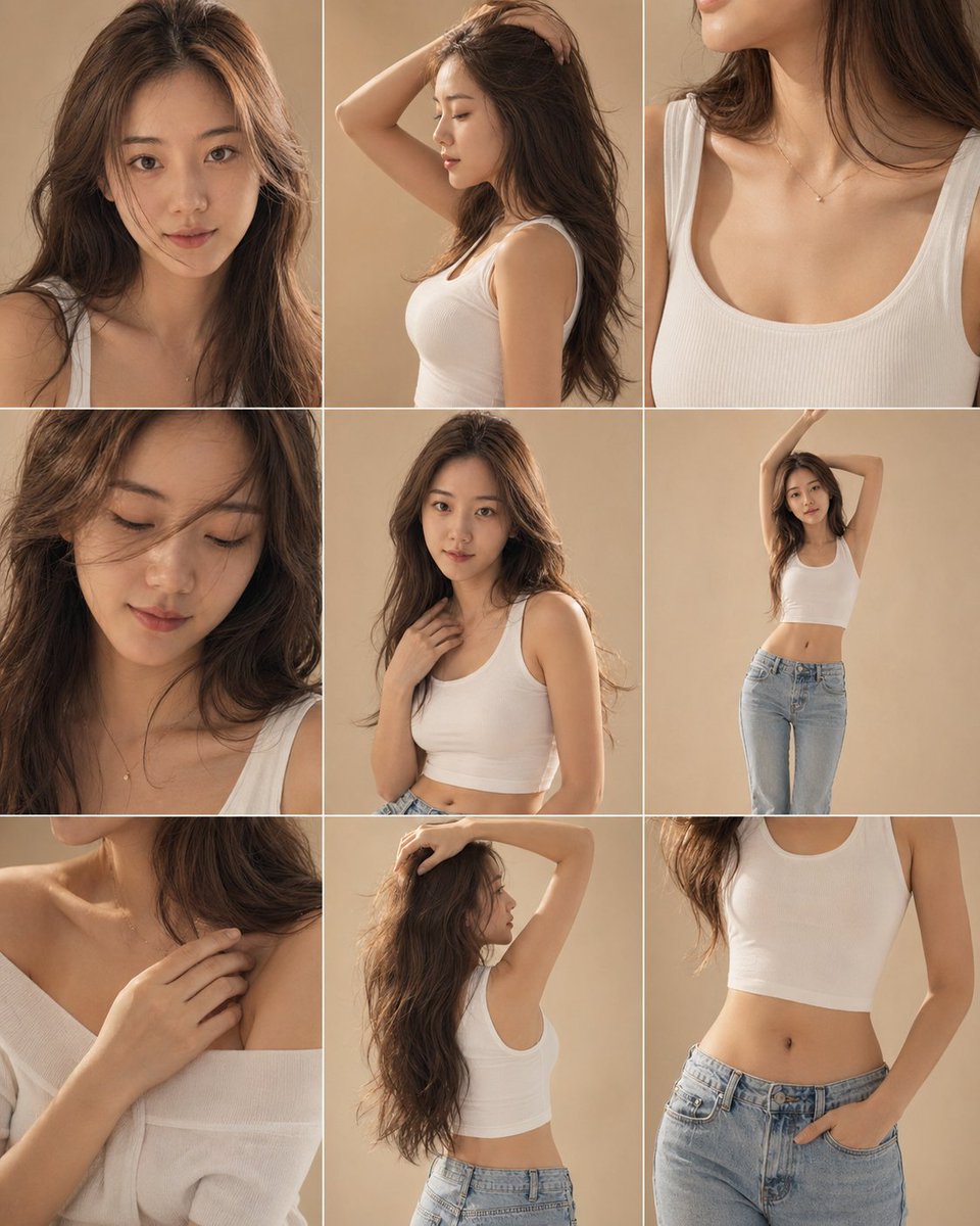 Minimalist Studio Editorial Grid GPT Image 2 prompt example: Generates a 3x3 fashion editorial moodboard featuring different angles and close-ups of a single subject in a...