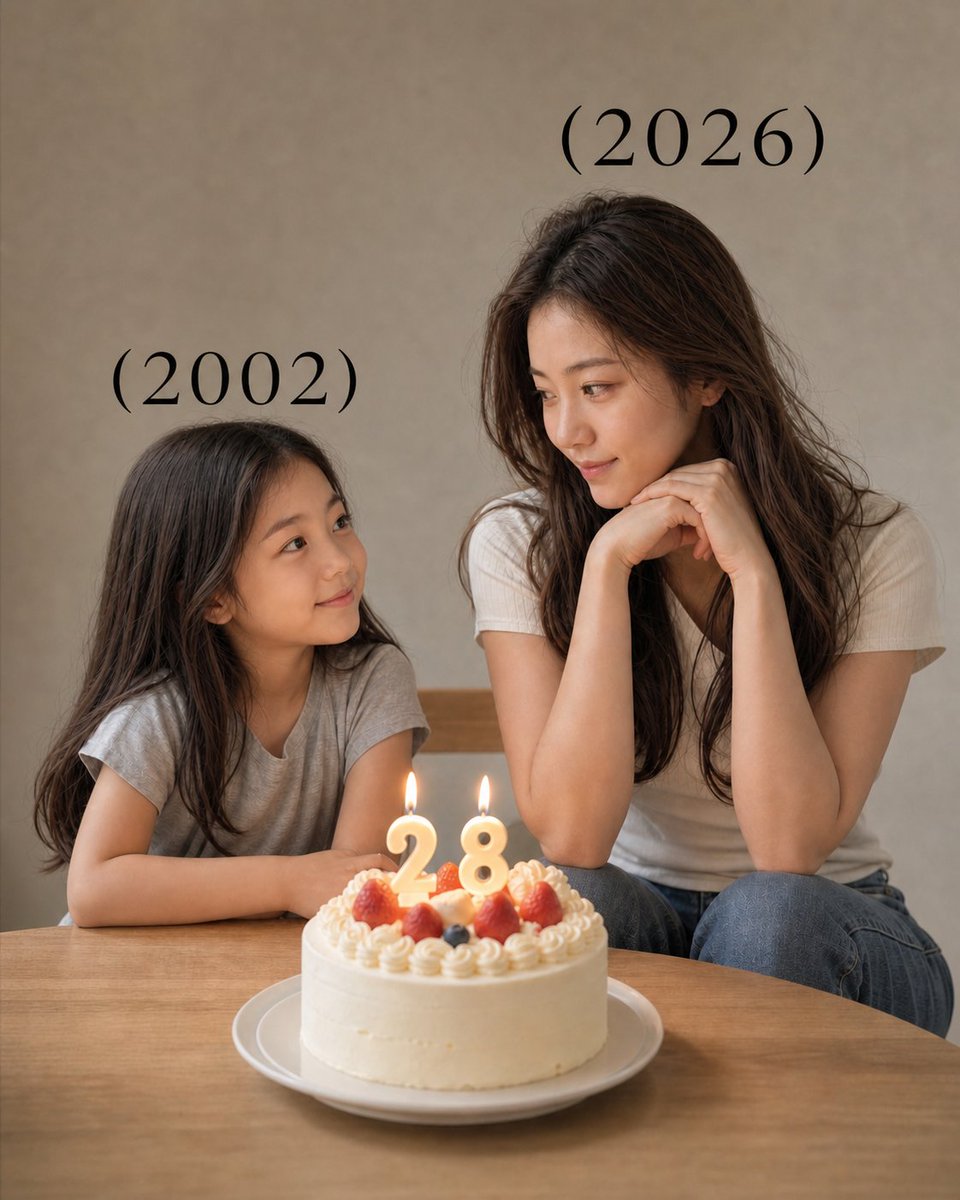 Time-Travel Birthday Reunion Portrait 的 GPT Image 2 提示词示例图：A sentimental photography prompt showing a person's current self and childhood self celebrating a birthday together at...