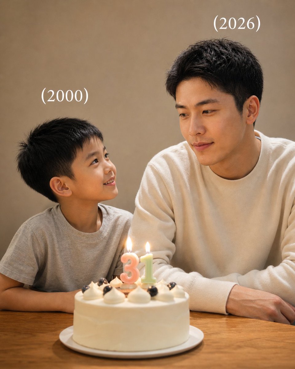 Time-Travel Birthday Reunion Portrait 的 GPT Image 2 提示词示例图 变化图 2：A sentimental photography prompt showing a person's current self and childhood self celebrating a birthday...