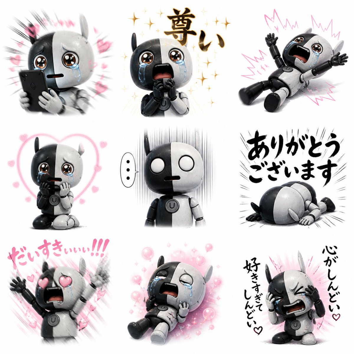 Fan Reaction Sticker Set Qwen Image prompt example: Generates a 3x3 grid of reaction stickers for a character experiencing extreme emotional bliss and tears after seeing their...