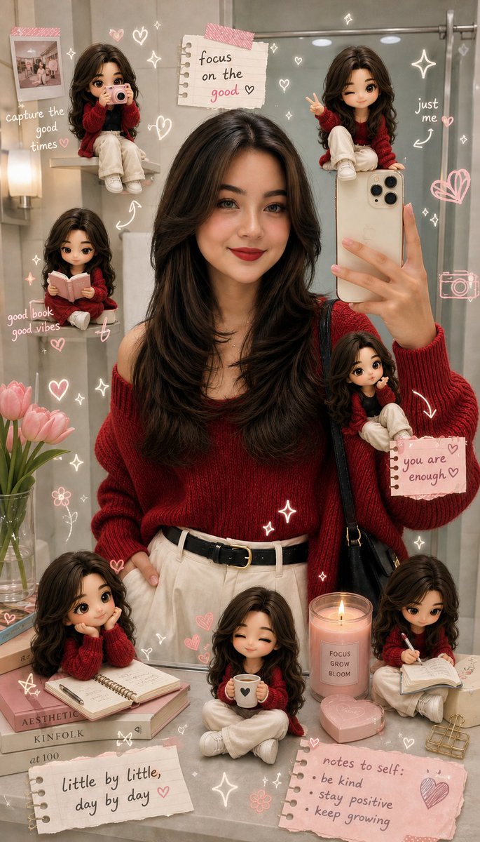 Cozy Scrapbook Photo Transformation Qwen Image prompt example variation 2: A creative prompt to turn a reference portrait into a dreamy scrapbook-style edit featuring doodles,...