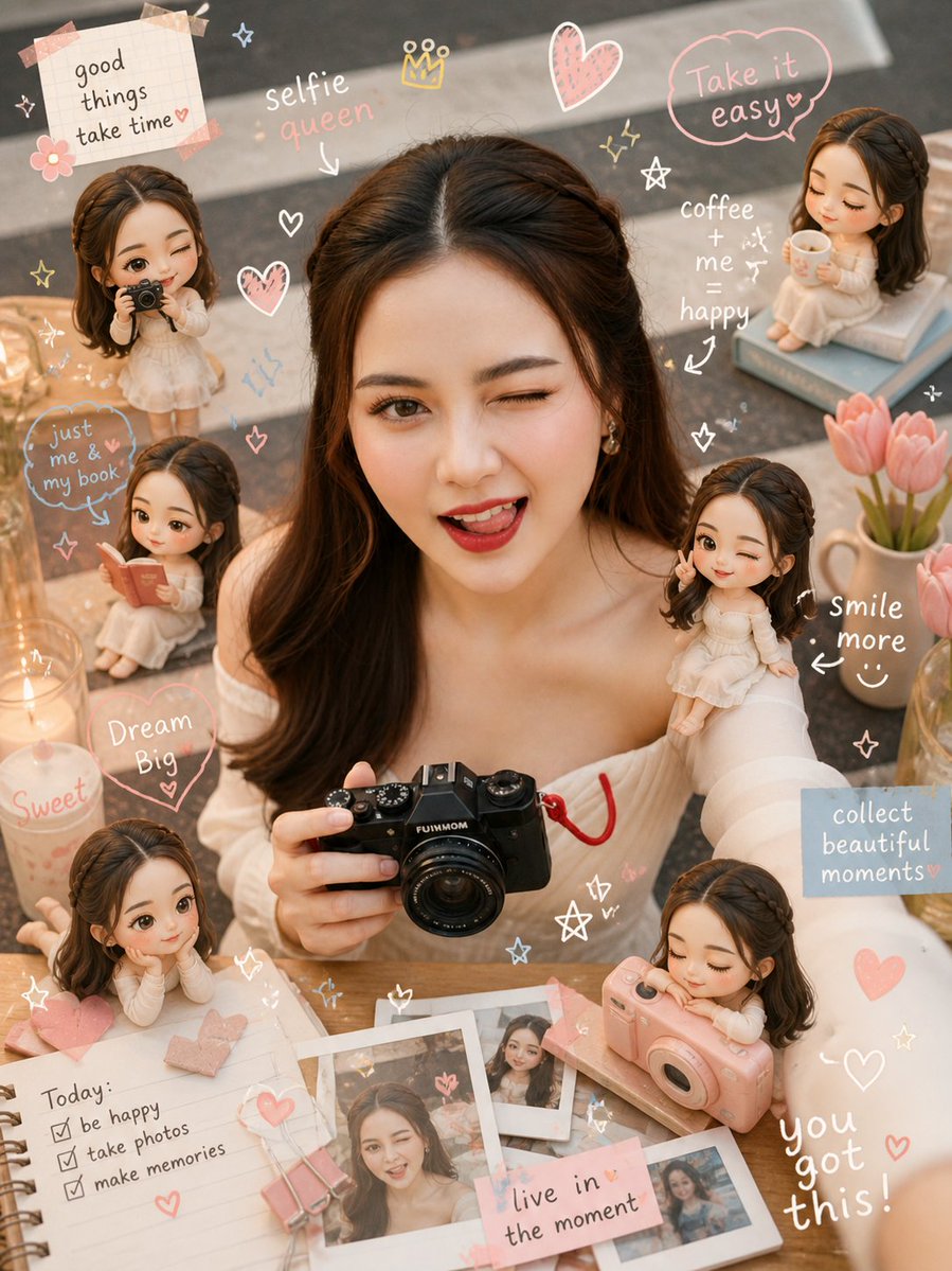 Cozy Scrapbook Photo Transformation Qwen Image prompt example: A creative prompt to turn a reference portrait into a dreamy scrapbook-style edit featuring doodles, pastel colors,...