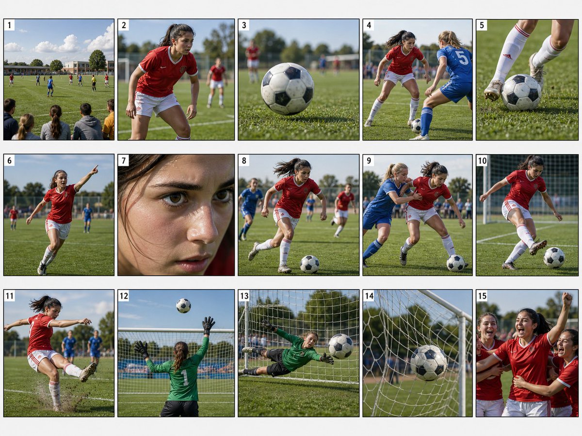 Realistic Sports Storyboard Layout のQwen Imageプロンプト例: Generates a professional 15-panel storyboard for a sports match, featuring consistent character designs, cinematic framing,...