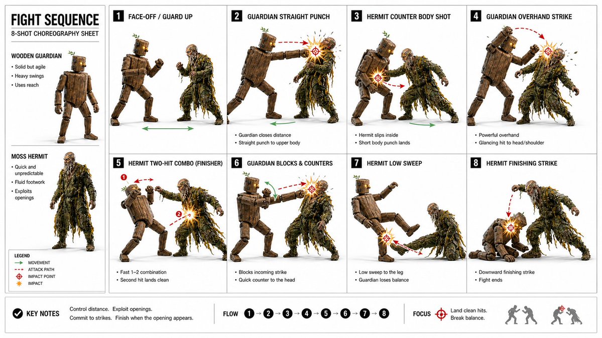 Action Storyboard Simplification Qwen Image prompt example: A workflow prompt designed to simplify a complex reference sheet into specific action shots showing dynamic martial...