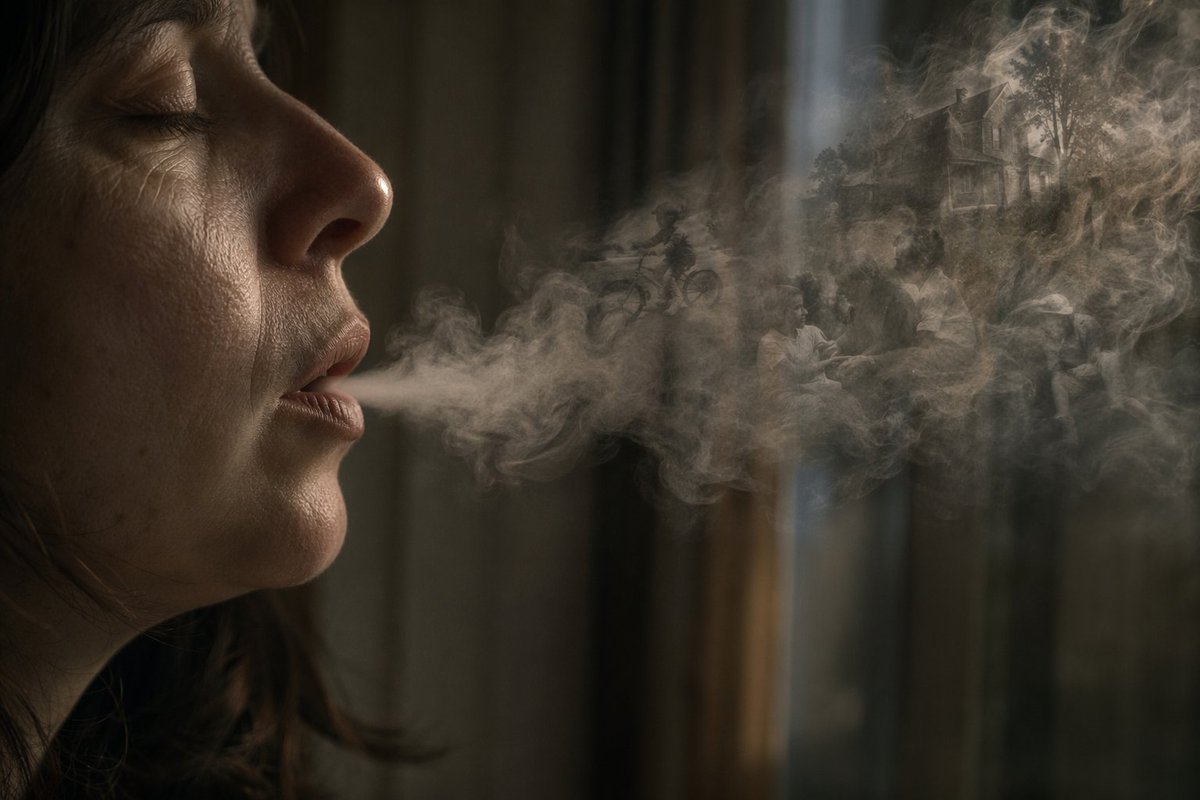 Smoke Memory Portrait 的 GPT Image 2 提示词示例图：A moody surreal portrait of a shadowed person exhaling smoke that contains a faint miniature memory scene, useful for cinematic...