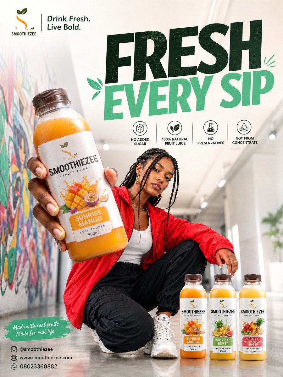 Urban Smoothie Juice Ad Poster Qwen Image prompt example: Generates a photorealistic lifestyle beverage advertisement with bold typography, product lineup, benefit icons, and...
