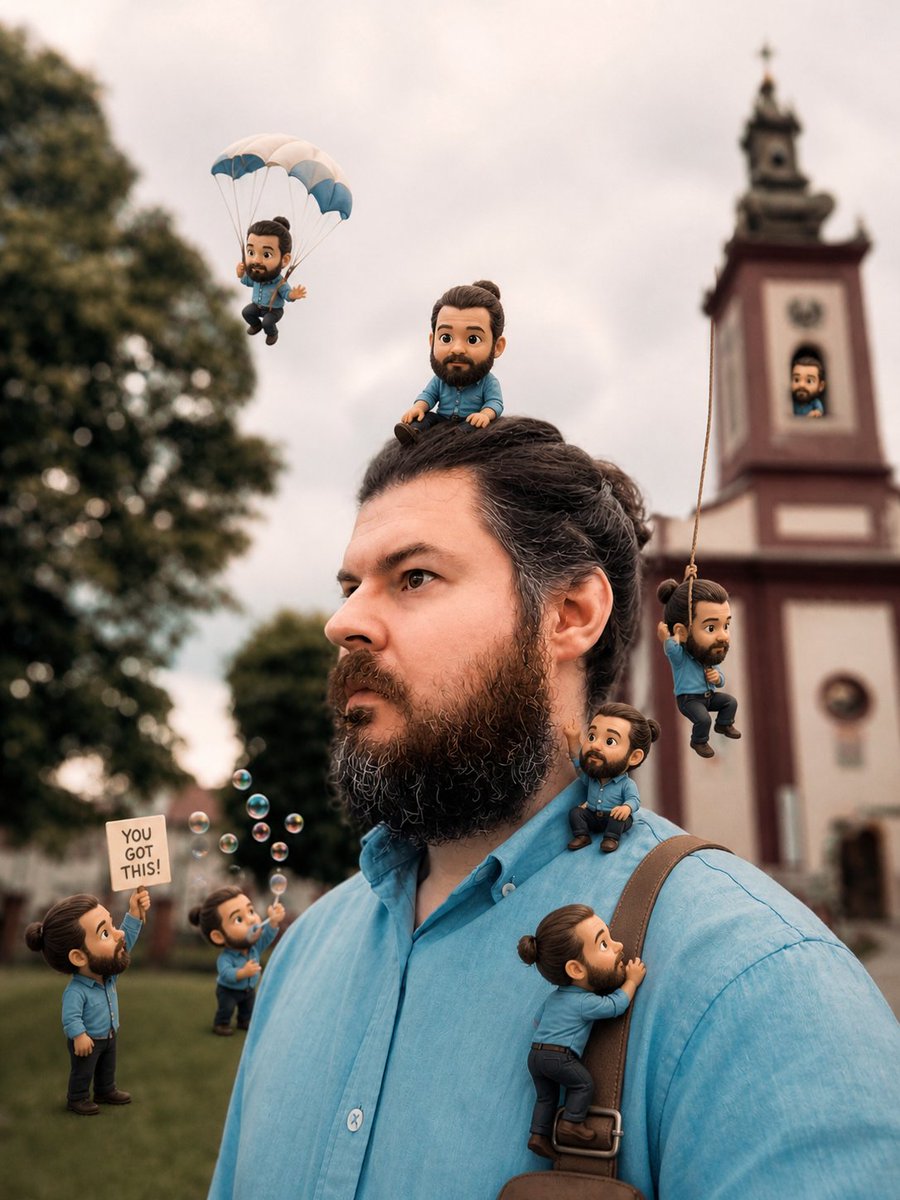 Miniature Clone Portrait Qwen Image prompt example: Creates a playful photorealistic portrait of a man surrounded by eight tiny matching clones in a churchyard scene, useful for...