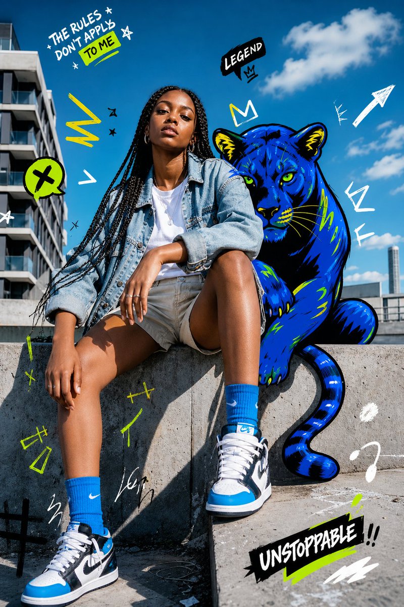 Street Fashion Panther Graffiti Qwen Image prompt example: Generates a bold urban fashion portrait mixing realistic street photography with neon graffiti doodles and a blue...