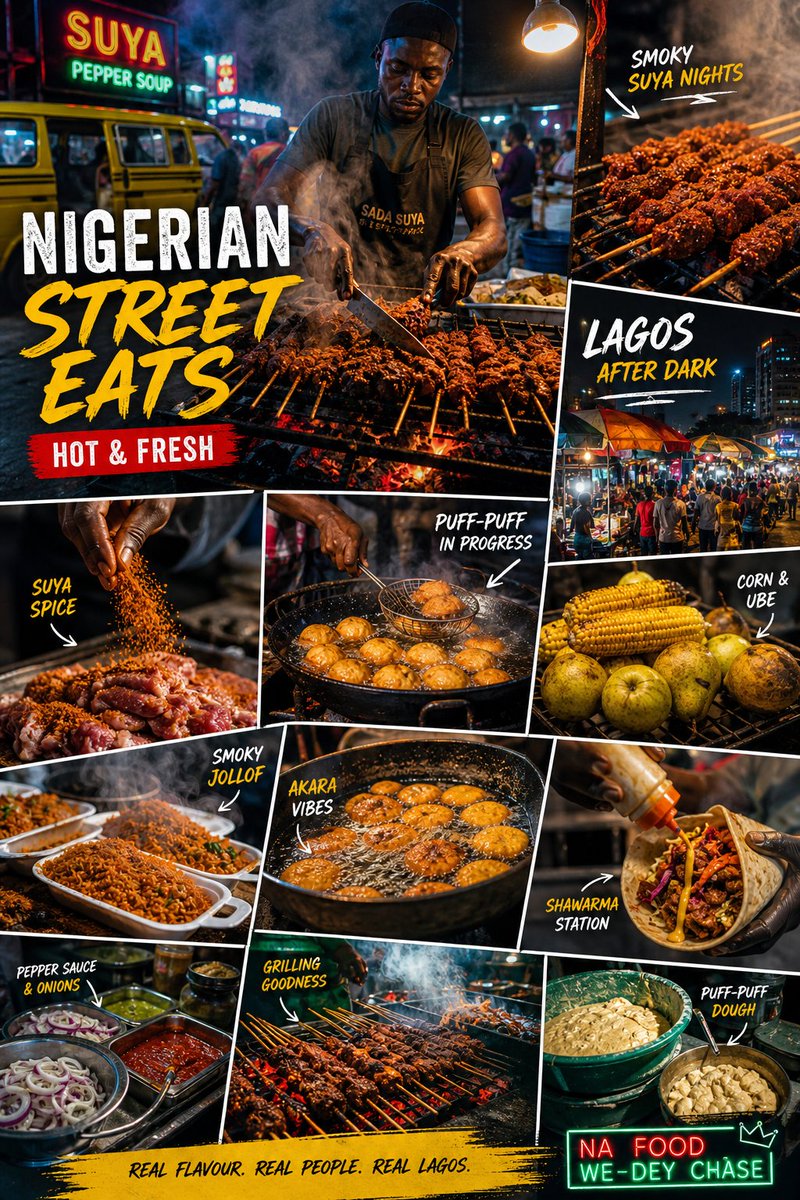 Nigerian Street Eats Collage Qwen Image 프롬프트 예시: Generates a vivid Lagos night-market street food poster collage with labeled panels for suya, puff-puff, jollof, akara, shawarma,...