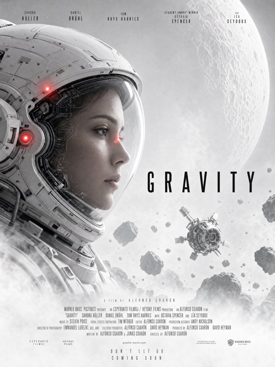 Gravity-Style Space Movie Poster のQwen Imageプロンプト例: Generates a cinematic monochrome sci-fi theatrical poster with an astronaut helmet, moon, asteroid field, cast names, billing...