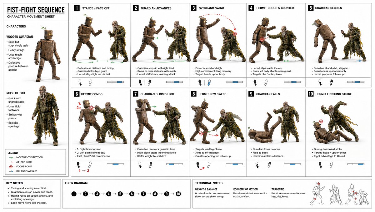 Fist-Fight Character Motion Sheet Qwen Image 프롬프트 예시: Generates a detailed ten-panel animation reference sheet for choreographing a readable hand-to-hand fight sequence between...
