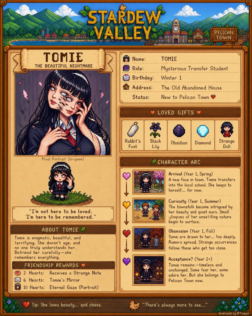 Stardew Valley Character Wiki Poster 的 Qwen Image 提示词示例图:Generates a detailed Stardew Valley-inspired character profile poster for a viral or fictional character, complete with...