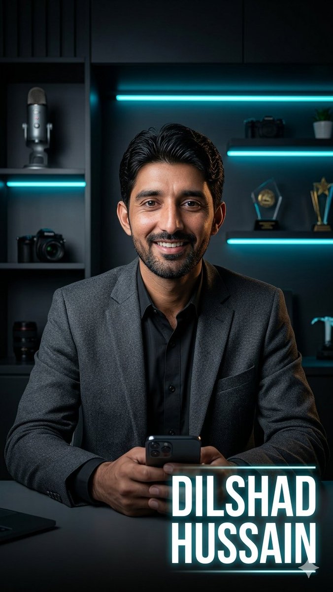 Cinematic Tech Entrepreneur Portrait Qwen Image prompt example: Generates a dramatic vertical executive portrait poster with teal studio lighting, tech props, and a customizable...
