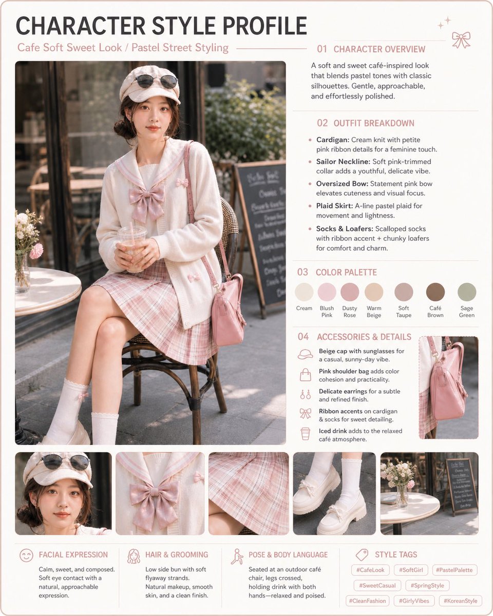 Pastel Cafe Style Profile Card Qwen Image 프롬프트 예시: Creates a square editorial fashion profile card analyzing a soft pastel cafe outfit with photos, palette, outfit breakdown,...