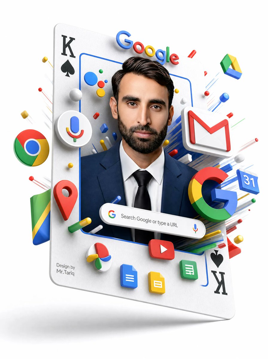 Floating Google Services Portrait Poster GPT Image 2 prompt example: Generates a glossy 3D vertical poster of a masked business portrait embedded in a playing card surrounded by...