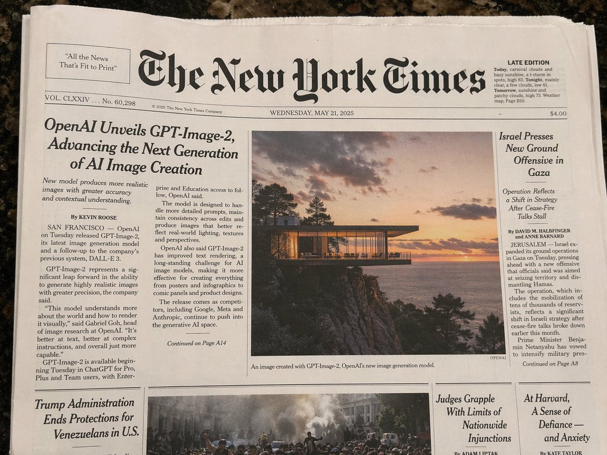 Photorealistic New York Times Front Page 的 Qwen Image 提示词示例图：Generates a realistic broadsheet newspaper front page with a GPT-Image-2 lead story, multiple articles, photos, and...