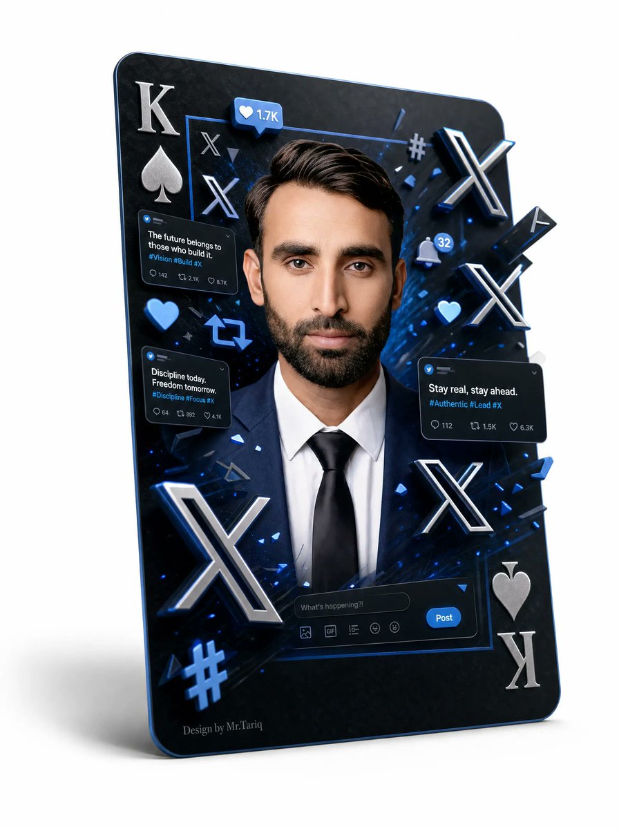 3D X Social Media Playing Card Poster のQwen Imageプロンプト例: Generates a dramatic 3D portrait poster styled as a black playing card filled with X/Twitter icons, tweet cards, chrome...