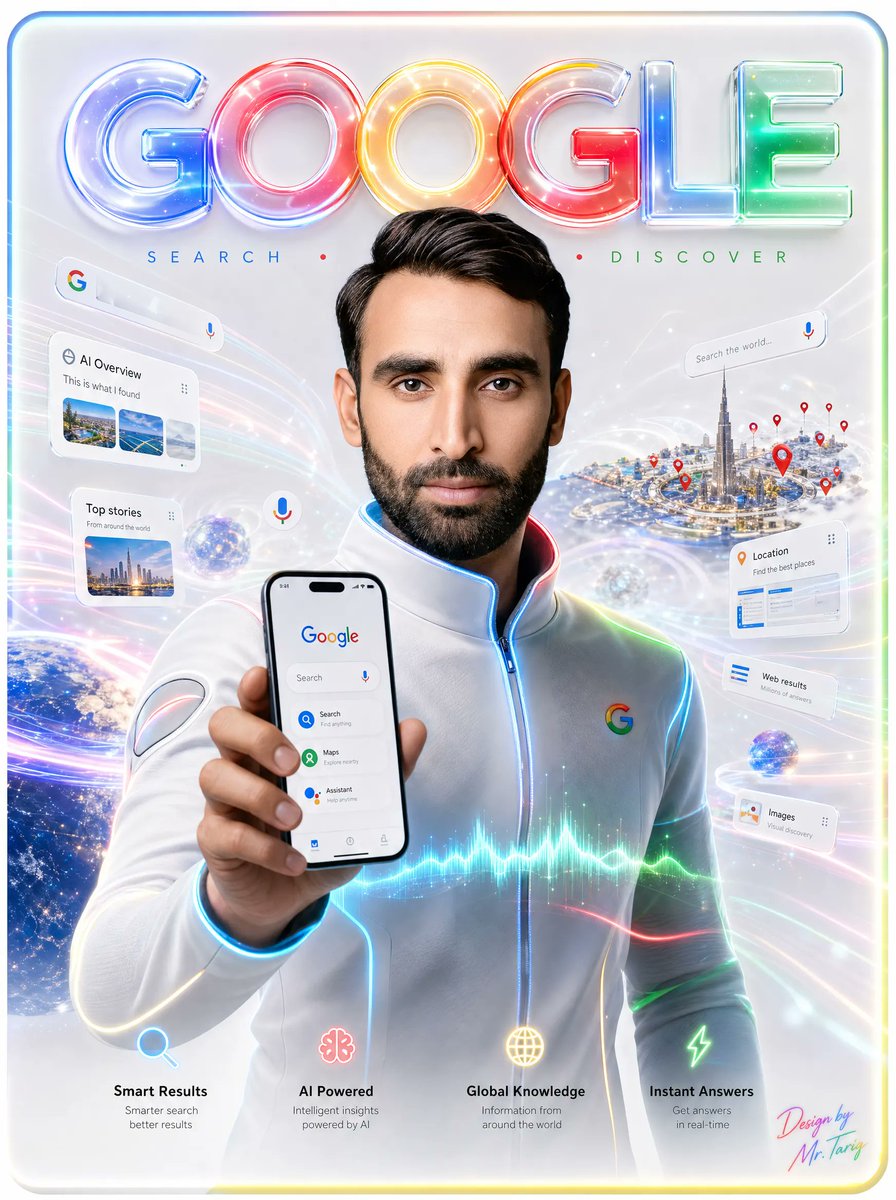 Futuristic Google Search Poster Qwen Image 프롬프트 예시: Creates a glossy vertical tech advertisement featuring a central figure holding a Google phone interface amid holographic...