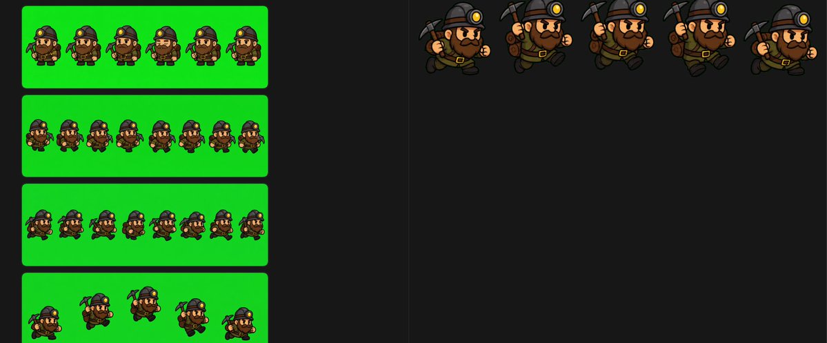 Chibi Miner Game Sprite Sheet Qwen Image prompt example: Generates a wide game-ready sprite sheet showing a chibi dwarf miner in multiple walk, turn, run, and action animation...