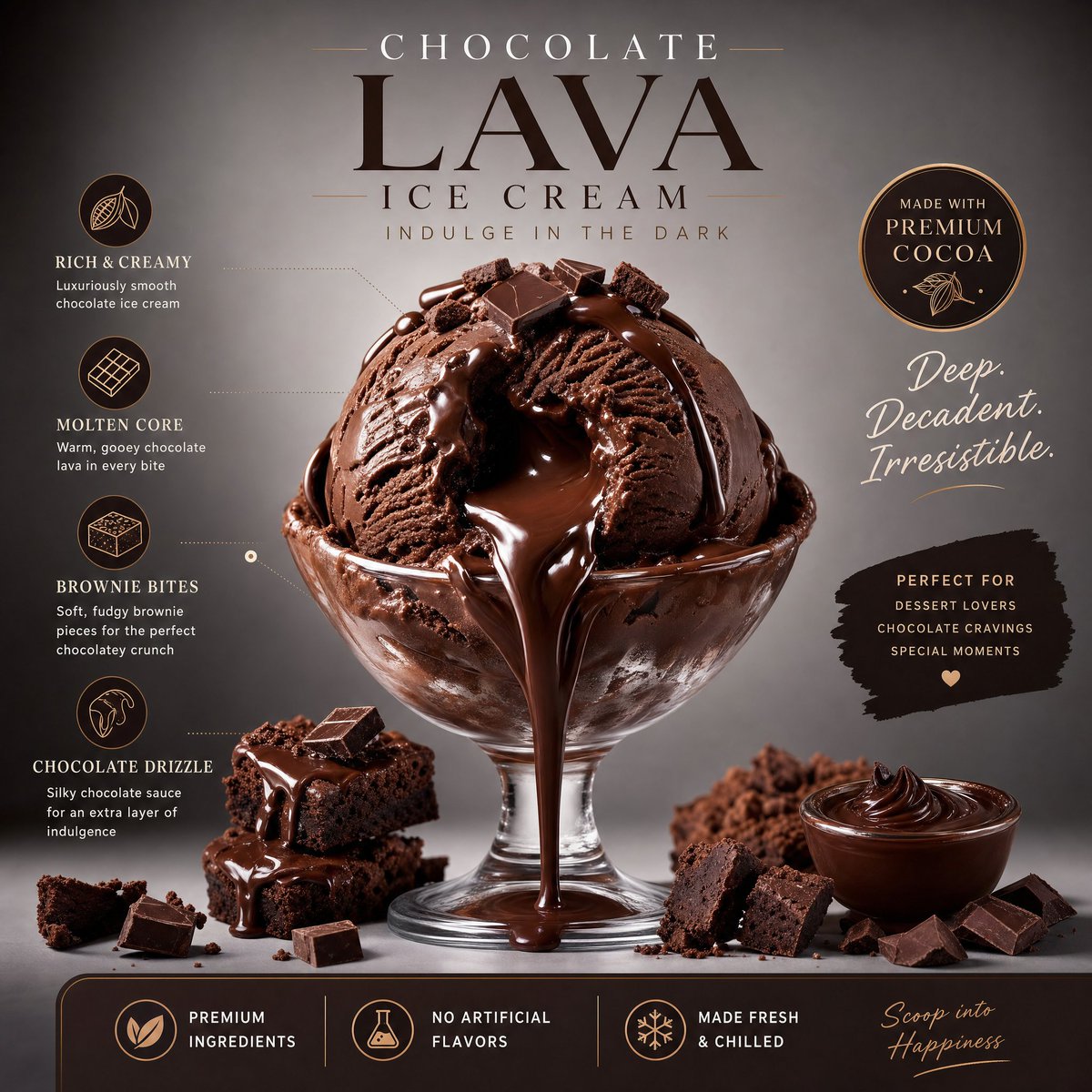 Luxury Chocolate Lava Ice Cream Ad 的 Qwen Image 提示词示例图:Creates a premium square dessert advertisement featuring molten chocolate ice cream with labeled ingredient callouts and...