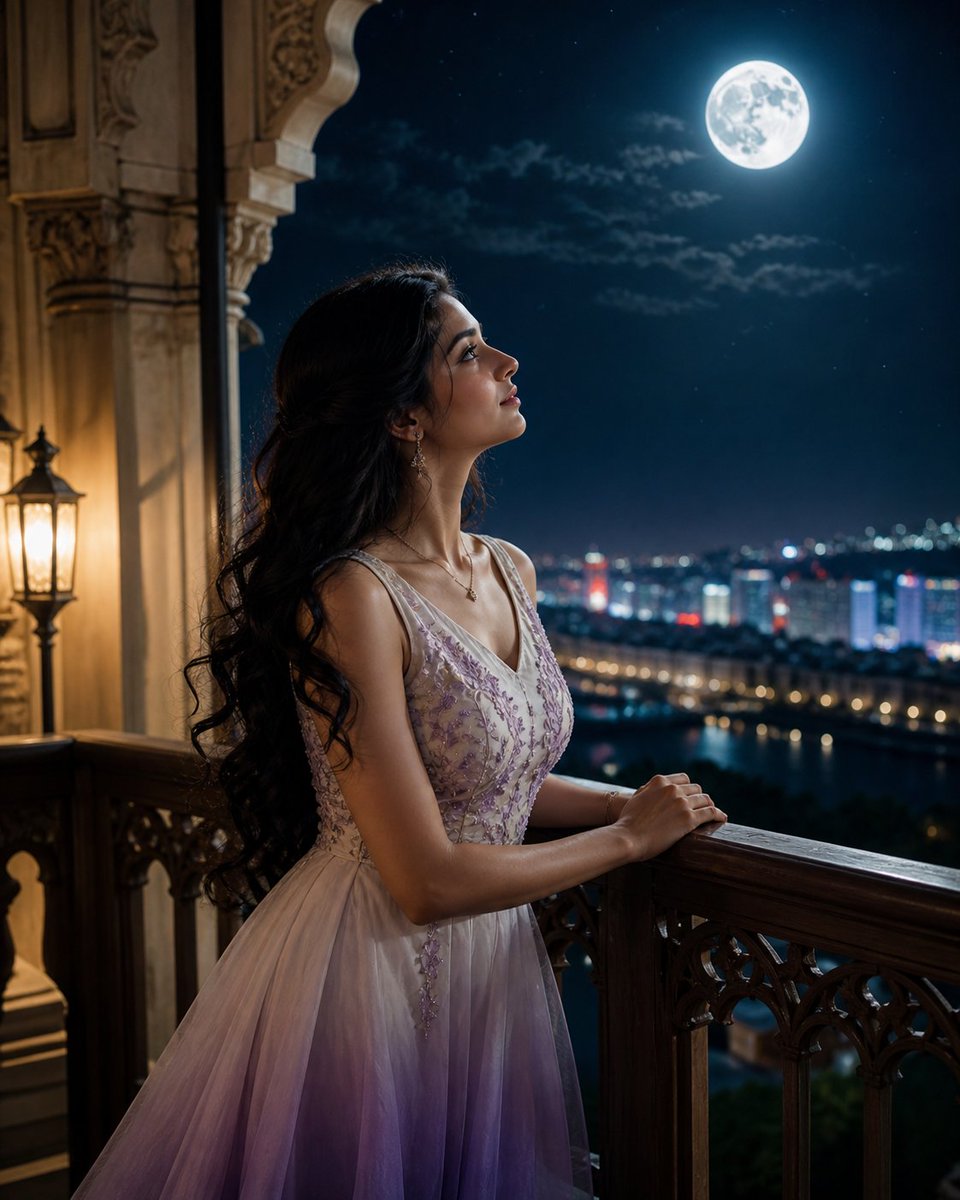 Moonlit Indian Woman Balcony Portrait Qwen Image prompt example: Generates a cinematic photorealistic night portrait of an elegant Indian woman in an ombre embroidered gown...