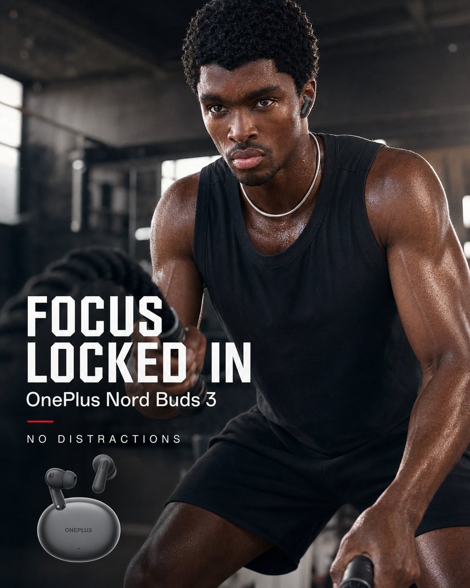 OnePlus Fitness Earbuds Ad Qwen Image prompt example: A cinematic sports-tech advertisement featuring wireless earbuds, bold motivational typography, and a sweaty athlete...