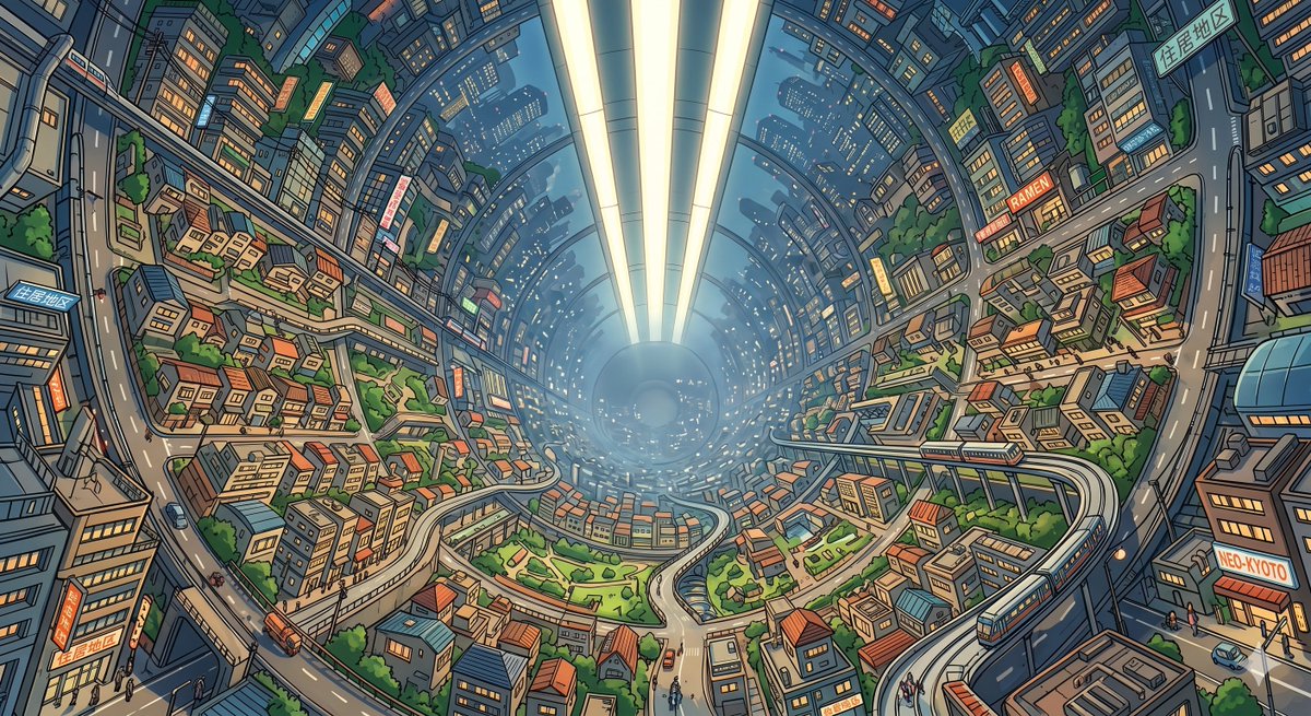 Enclosed O'Neill Cylinder City Qwen Image prompt example: Generates a detailed anime-style futuristic city inside a fully enclosed O'Neill cylinder colony for sci-fi...