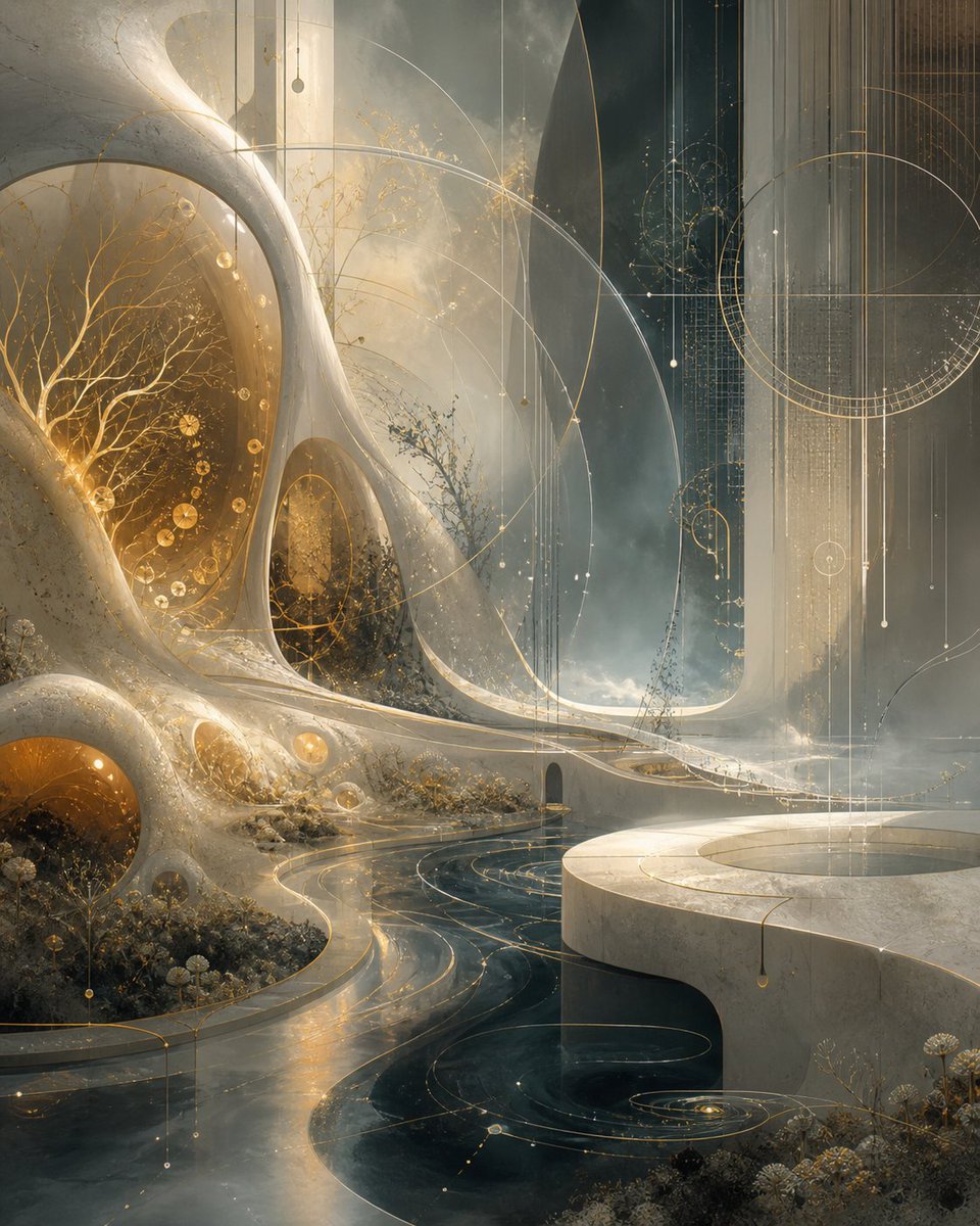 Surreal Celestial Organic Architecture のQwen Imageプロンプト例: Generates a mystical fantasy environment combining biomorphic architecture, golden celestial diagrams, glowing gardens,...