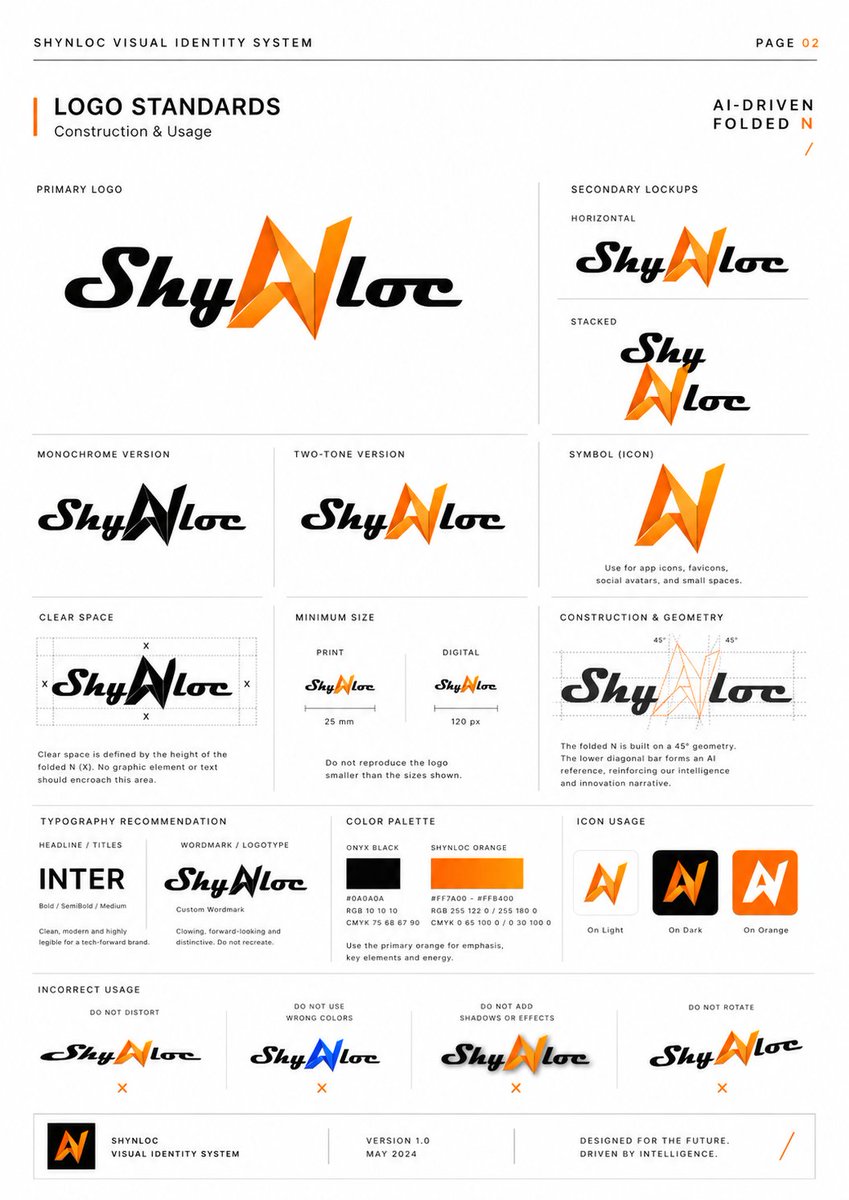 Shynloc Visual Identity Board のQwen Imageプロンプト例 バリエーション 2: Generates a polished brand identity guideline page for an AI-driven folded N logo with logo concept, diagram, color...