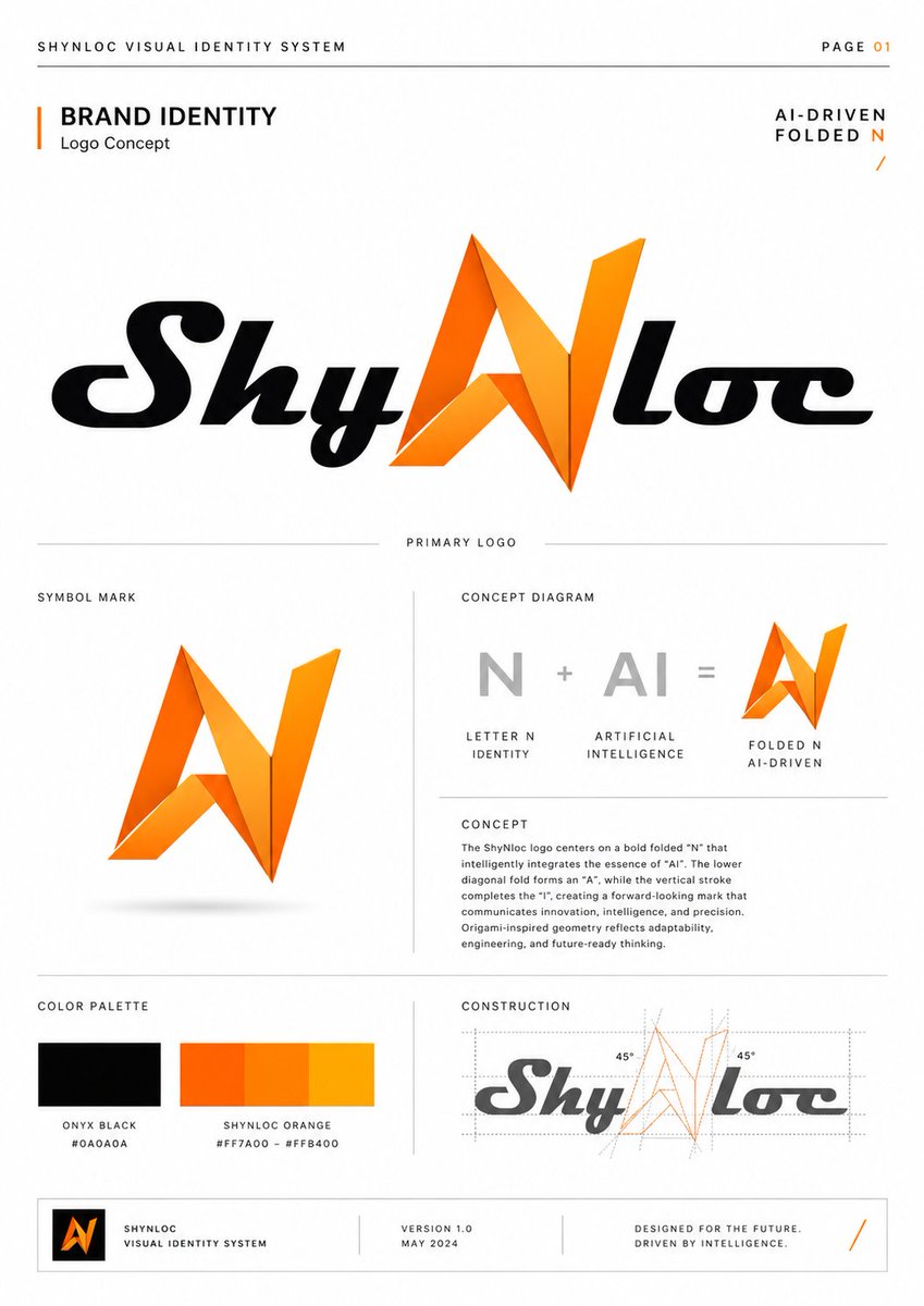 Shynloc Visual Identity Board のQwen Imageプロンプト例: Generates a polished brand identity guideline page for an AI-driven folded N logo with logo concept, diagram, color palette, and...