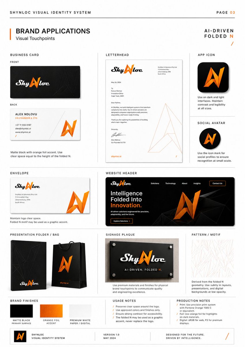 Shynloc Visual Identity Board のQwen Imageプロンプト例 バリエーション 3: Generates a polished brand identity guideline page for an AI-driven folded N logo with logo concept, diagram, color...