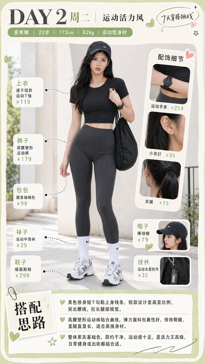 Sporty Outfit Breakdown Poster Qwen Image 프롬프트 예시: Creates a vertical Chinese fashion infographic showing a full-body sporty outfit with item callouts, accessory details, prices,...