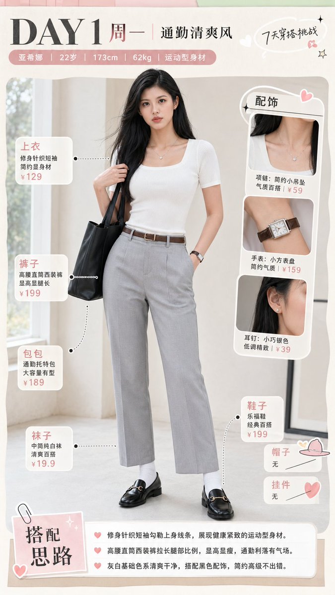 Monday Commuter Outfit Infographic Qwen Image 프롬프트 예시: Generates a vertical Xiaohongshu-style fashion breakdown poster with a full-body commuter outfit, item callouts, accessory...